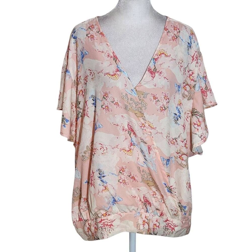 Oppa! Pink Floral Flutter Sleeve Wrap Blouse Size 2X Plus Size Floral Top